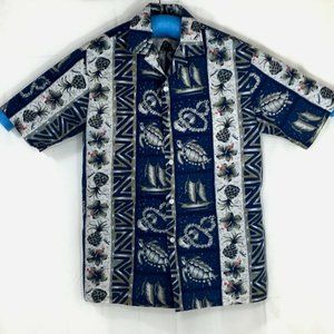 Hawaiian Shirt Large Blue Honu Turtles Pineapple